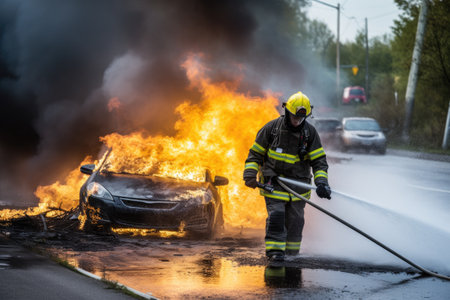 Firefighters extinguish a burning car on the road in the city, A fireman using water and an extinguisher to fight with fire flames in an accident car on the wayside road, AI Generatedの素材
