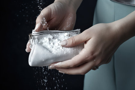 Closeup of woman's hands sprinkling flour on white purse, A female hand close-up holding a small bag with white powder for sale, AI Generatedの素材