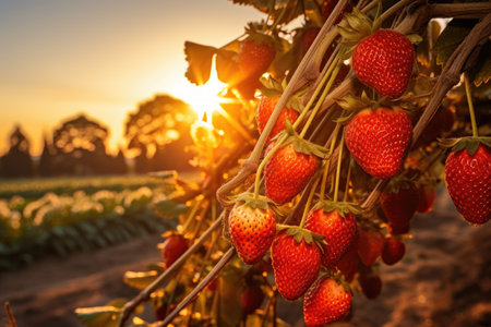 Strawberries in the field. Strawberries on the field, A branch with natural pomegranates against a blurred background of a pomegranate garden during the golden hour, AI Generatedの素材