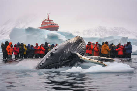 Humpback whale in Glacier Lagoon, Antarctic Peninsula, Antarctica, A Humpback Whale takes a dive while tourists capture the event - Antarctica, AI Generatedの素材