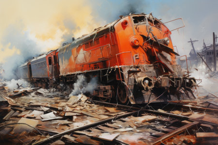 Old vintage locomotive on the background of the destroyed city. Oil painting, A serious rail accident, AI Generatedの素材