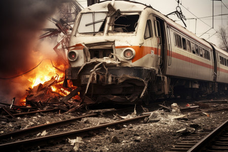 Burning train on the railway station. Disaster in the city, A serious rail accident, AI Generatedの素材