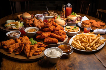 Fast food on a wooden table. Chicken nuggets, french fries, sauces and salads, A large jetliner landing on an airport runway at sunset or dawn with the landing gear down, AI Generatedの素材