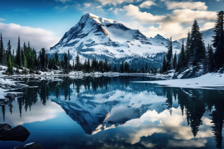 Mount Rainier reflected in the lake, Washington, United States, Whistler mountain reflected in lost lake with a blue hue, AI Generatedの素材