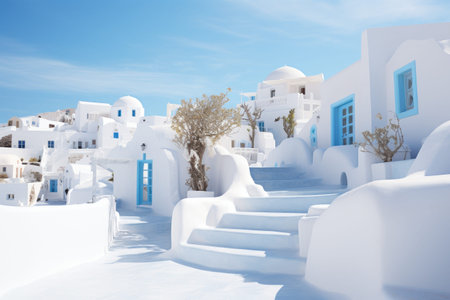White architecture on Santorini island, Greece. Beautiful winter landscape, White architecture of Oia village on Santorini island, Greece, AI Generatedの素材