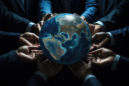 Global business, teamwork and people concept - close up of business people hands holding Earth globe, World government that prioritizes global cooperation and diplomacy, AI Generatedの素材