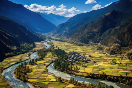 Aerial view of village and river in Himalayas, Nepal, Aerial view of Paro Valley; Bhutan, AI Generatedの素材