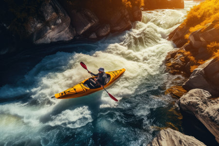 A man in a kayak on the background of a waterfall, Aerial top view of extreme sport kayak sailing down a mountain river with sunlight, AI Generatedの素材