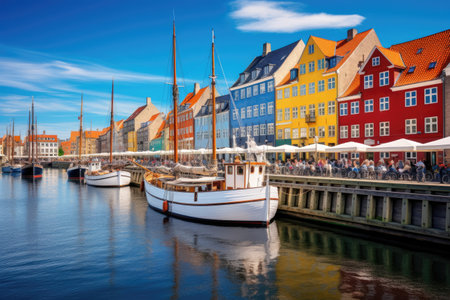 Nyhavn is a waterfront in Copenhagen, Denmark, Amazing historical city center, Nyhavn New Harbour canal and entertainment district in Copenhagen, AI Generatedの素材