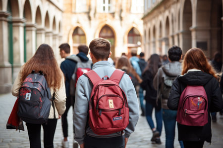 Back view of a group of young people with backpacks walking in the city, Back view of a group of students with backpacks walking on the street, A group of high school kids with, AI Generatedの素材