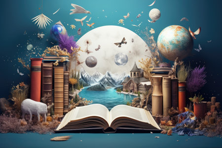 Magic book in fantasy world with planets, stars and other objects on blue background, Back to school concept, Open notebook with school supplies, AI Generatedの素材