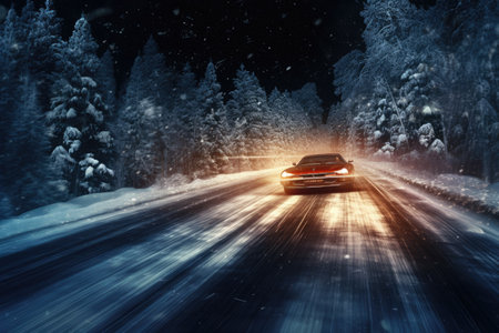 Car driving on winter road with motion blur effect. Blurred background, a car speeding down a snowy road, AI Generatedの素材