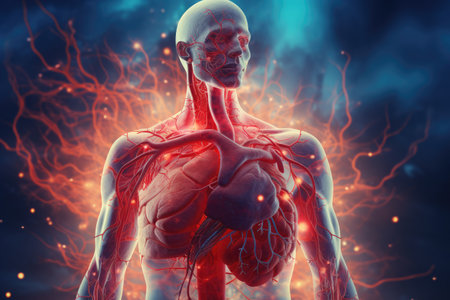 Human heart anatomy with blood vessels. 3d illustration. Elements of this image furnished by NASA, 3d medical illustration of a man's cardiovascular system, AI Generatedの素材