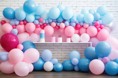 birthday party decoration with colorful balloons and cake on brick wall background, a colorful gender reveal with pink and blue balloons on a table, AI Generatedの素材