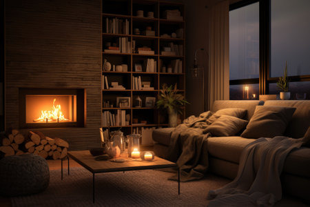 Cozy living room interior with fireplace and cozy sofa. 3D rendering, A cozy living room with a fireplace and a coffee table, AI generative image, AI Generatedの素材