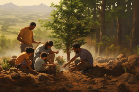 A group of young people camping in the forest, hong kong, A diverse family honors a loved one's memory by jointly planting a tree in a serene forest, AI Generatedの素材