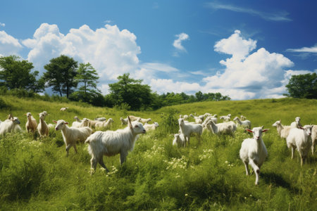 Sheep grazing in a green meadow with blue sky and clouds, a herd of white goats grazing peacefully in a lush green meadow under the open sky, AI Generatedの素材