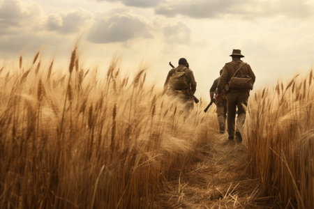 Members of Red Star history club wear historical German uniform during historical reenactment of WWII in Chernigow, Ukraine, A ranger team walking through a wheat field, AI Generatedの素材