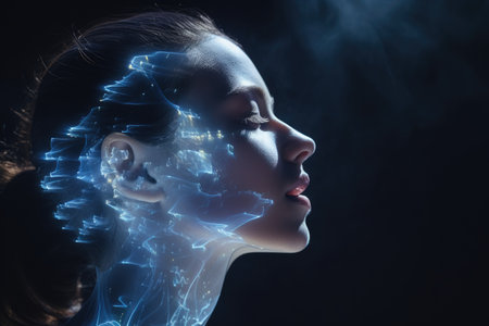 Fantasy portrait of a young woman with blue light on her face, a side view of a woman's head in hologram, AI Generatedの素材