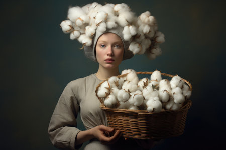 Beautiful young woman with a basket of cotton flowers on a dark background, A woman is seen holding a basket filled with fluffy cotton, AI Generatedの素材