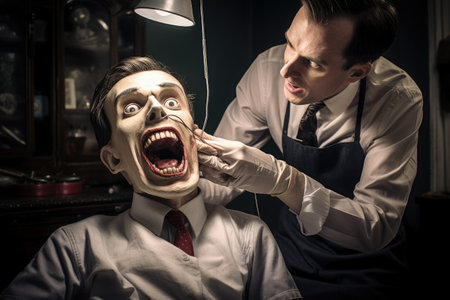 Man with a mask in a barbershop. The man is afraid of fear, A Young Man at a Dentist, AI Generatedの素材