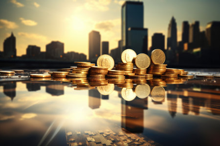 Double exposure of coin stack with cityscape background, business and finance concept idea, abstract business background with buildings and coins, AI Generatedの素材