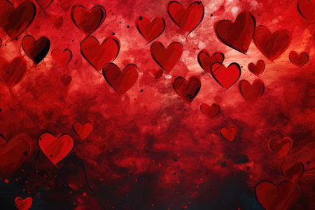 Valentines day background with red hearts on grunge background, abstract panorama background with red hearts, AI Generatedの素材