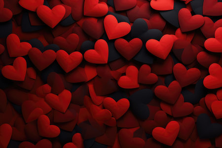 Valentines day background with red and black hearts. 3d render, abstract panorama background with red hearts, AI Generatedの素材