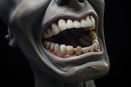 Close up of human jaw with teeth, isolated on black background, Acute toothache, AI Generatedの素材