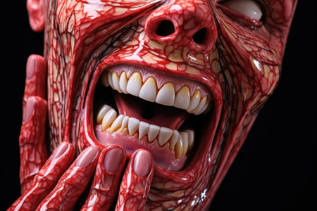 Close-up image of a monster's teeth. Halloween theme, Acute toothache, AI Generatedの素材