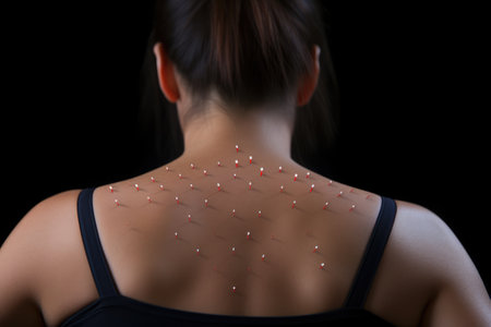 Woman with back pain on black background. Pain in the spine, Acupuncture needles in womans back, AI Generatedの素材