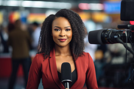 Young african american female reporter with microphone in the studio, african female news reporter in live broadcasting, Journalism industry, AI Generatedの素材