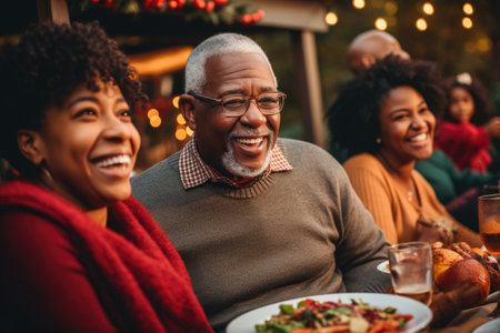 Merry Christmas and Happy Holidays. Cheerful senior man and his family having dinner together, African american grandparents holding food near family and thanksgiving dinner, AI Generatedの素材