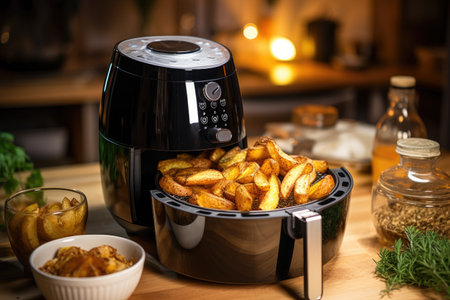 delicious grilled potatoes on table in kitchen, Air fryer machine cooking potato fried in kitchen, AI Generatedの素材