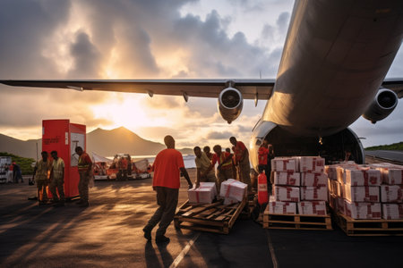 man and worker with loading boxes in the port of the island of mauritius, africa, Aid workers unloading medical supplies from a cargo plane in a remote area, AI Generatedの素材