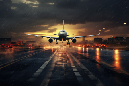 airplane in the airport, airport runway, planes taking off, AI Generatedの素材