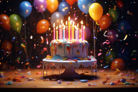 Birthday cake with candles and confetti on wooden table. Selective focus, A 3D render showcases a birthday cake with candles, balloons, and confetti, AI Generated