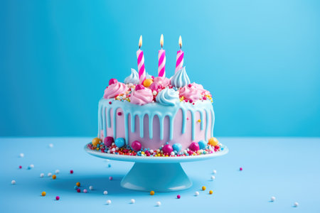 Birthday cake with candles and sprinkles on blue background, copy space, Birthday cake adorned with candies on a blue background with copy space, AI Generatedの素材