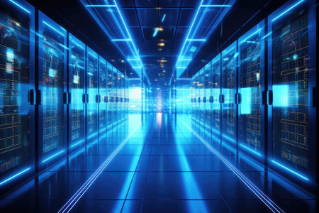 3D render of a futuristic server room with blue glowing lights, Big data center technology warehouse with servers for information digitalization starts, AI Generatedの素材