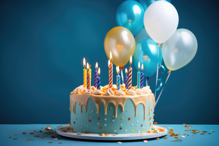 birthday cake with candles, balloons and confetti on blue background, Birthday cake featuring burning candles on a blue background, accompanied by colorful balloons and confetti, AI Generatedの素材