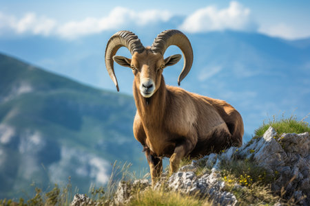 Barbary sheep Ovis orientalis in the mountains, A Barbary sheep Capra ibex on the slope of a mountain, AI Generatedの素材