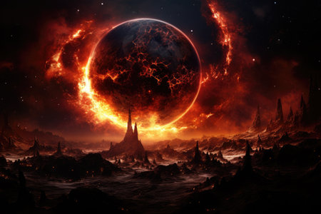 Fantasy landscape with ancient temple, moon and fire. 3D rendering, A burning planet in the galaxy, AI Generatedの素材