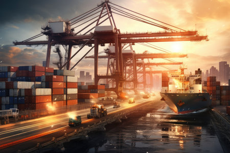 Container Cargo freight ship with working crane bridge at sunset for Logistic Import Export background, A container cargo freight ship with a working crane bridge forms an import-export, AI Generatedの素材