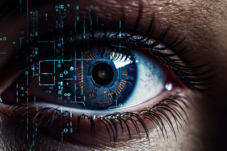Close up of human eye with digital circuit. Technology concept. 3D rendering, A close-up of a human eye with a digital business interface, conveying a technology concept, AI Generatedの素材