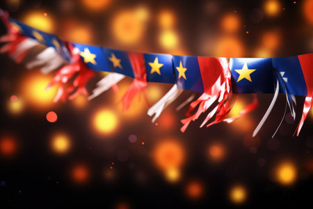 Eu flag ribbon on bokeh background. 3D rendering, A garland of Malaysia national flags on an abstract blurred background, AI Generatedの素材