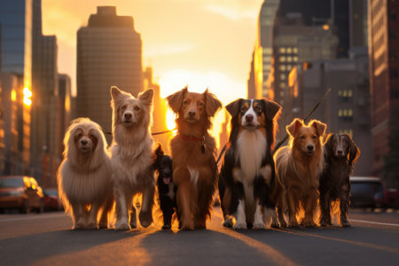 A group of Australian Shepherd dogs walking in the city at sunset, A group of dogs enjoys a sunset stroll in the city, featuring dachshunds and a spaniel, AI Generatedの素材