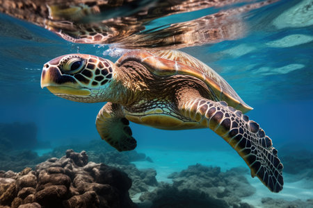 Hawaiian Green Sea Turtle Chelonia mydas, A Hawaiian Green Sea Turtle Chelonia mydas graces the Red Sea, AI Generatedの素材