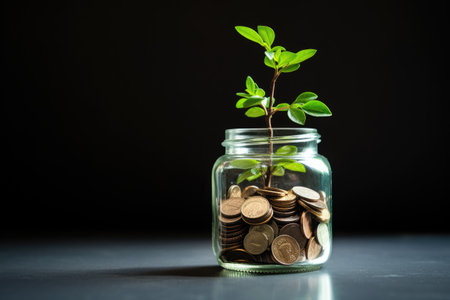 Investment concept, Coins in glass jar with plant on black background, A glass jar full of coins with a little plant growing inside, symbolizing financial growth, AI Generatedの素材