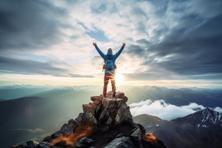 Young woman hiker with raised hands standing on top of a mountain and enjoying the view, A hiker celebrating success on the summit of a mountain, hands raised high, AI Generatedの素材