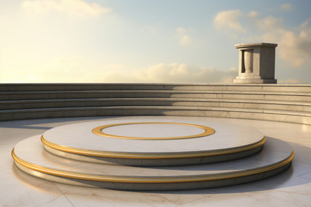 Conceptual 3D illustration of a round podium or pedestal with a golden circle on the background of the sky, 3D rendering of a podium platform, AI Generatedの素材